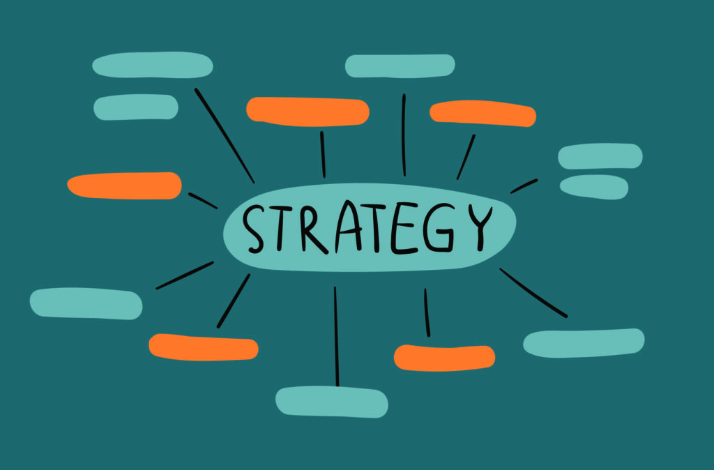 A mind map with the word 'STRATEGY' in the center, connected to various blank oval shapes in teal and orange, representing different aspects or components of a strategy.
