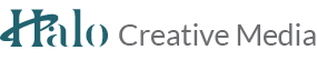 The illustration represents of Halo Creative Media. The 'H' in 'Halo' has a halo around it and is in teal colour, while 'Creative Media' is in grey colour.