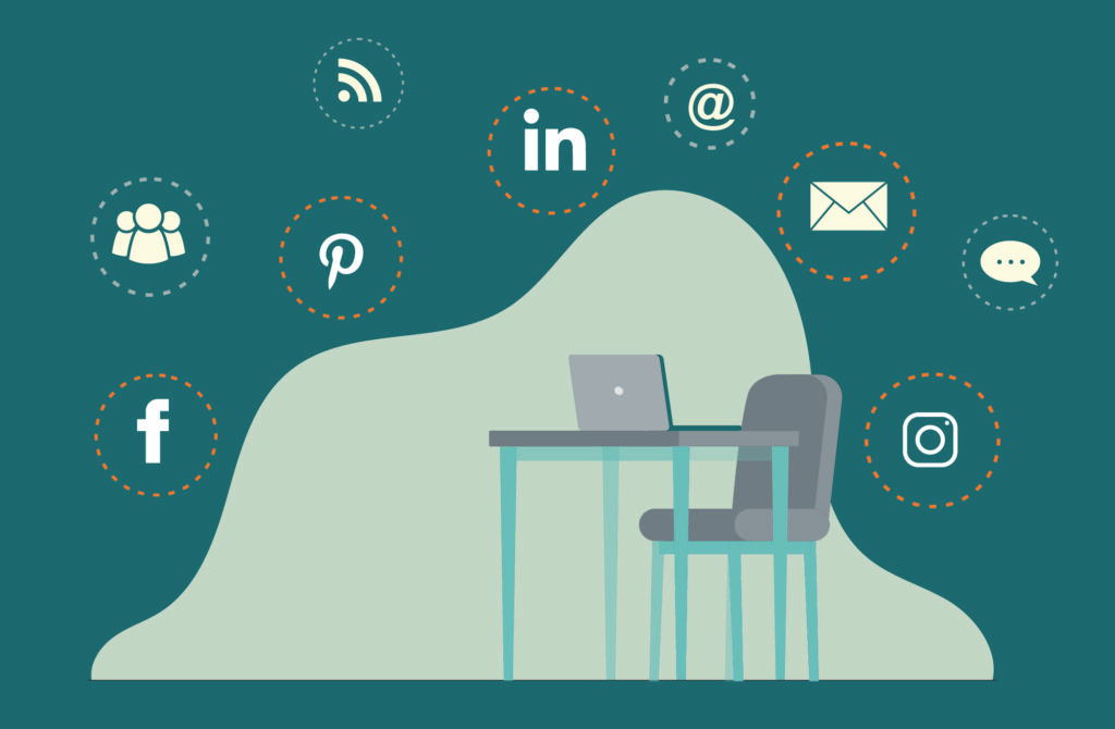 A minimalist workspace with a laptop on a desk and a chair, surrounded by various social media icons including Facebook, LinkedIn, Instagram, Pinterest, and email. The background is teal with a light beige abstract shape behind the desk setup.
