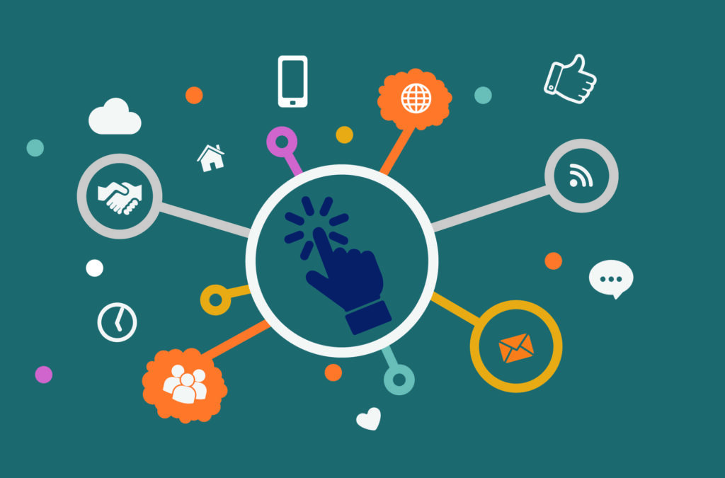 An illustration showing a laptop with a graph displaying upward trends, symbolising growth. Surrounding the laptop are icons representing digital marketing elements: a megaphone, an email inbox with a paper coming out, a barcode labelled 'BRAND,' and the text 'SEO' with gear icons.