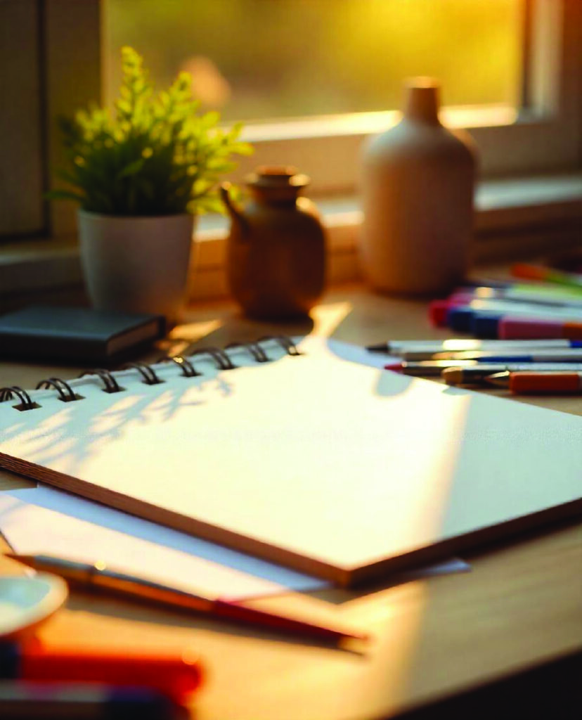 A sunlit workspace featuring an open spiral-bound sketchbook on a wooden desk. Surrounding the sketchbook are various art supplies, including coloured markers, pens, and a paintbrush. In the background, there are two small vases and a potted plant on the windowsill, with sunlight streaming through the window, casting shadows on the desk.